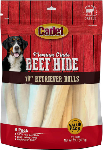 Cadet Premium Grade Beef Hide For Dogs, Long Lasting Rawhide Retriever Rolls, Single Ingredient Dog Chews, Beef Hide Flavor, 10 Inch (8 Count)