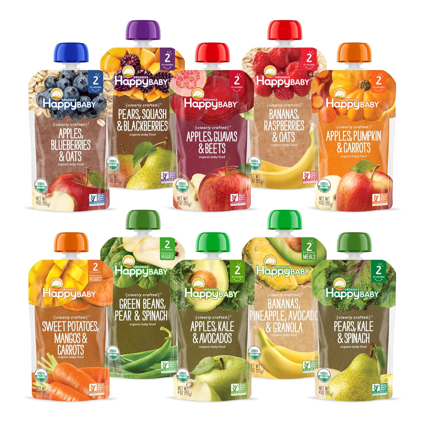 Happy Baby Organics Stage 2 Baby Food Pouches, Gluten Free, Vegan & Healthy Snack, Clearly Crafted Fruit & Veggie Puree, Fruit & Veggie Variety Pack, 4 Ounces (Pack Of 10)