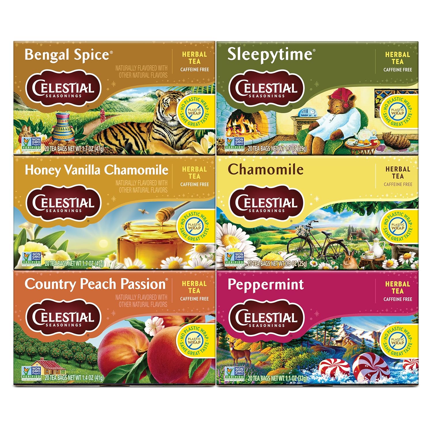 Celestial Seasonings Herbal Tea Variety Pack, Bengal Spice, Sleepytime, Honey Vanilla Chamomile, Country Peach Passion, Peppermint & Chamomile, Caffeine Free, 20 Tea Bags (Pack Of 6)