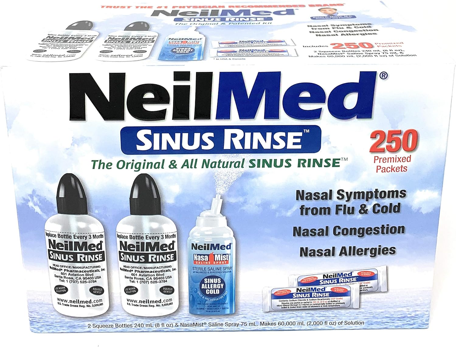 Neilmed Sinus Rinse - 2 Squeeze Bottles 240Ml (8Fl Oz) & Nasamist Saline Spray 75Ml - 250 Premixed Packets - Bonus Nasa Mist Saline Spray - Value Pack