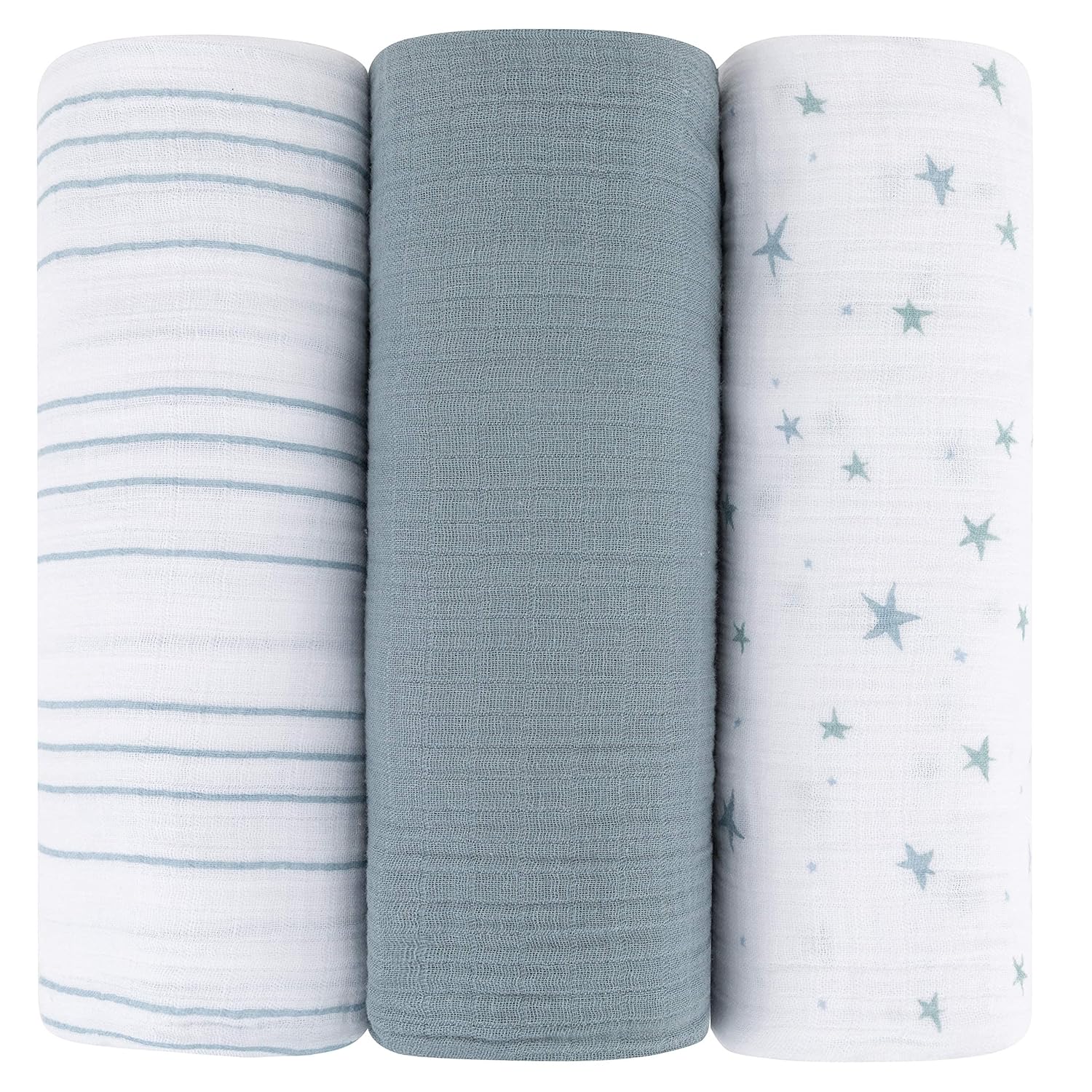 Ely'S & Co. Muslin Swaddle Blanket 3-Pack For Baby Boy— 100% Cotton Muslin Extra-Large Swaddle Blankets (47”X 47”) — (Misty Blue Stars?Solid?Stripes)