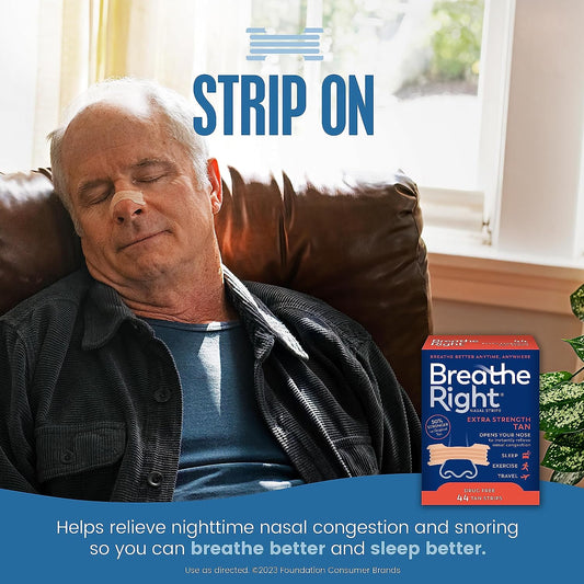 Breathe Right Nasal Strips, Extra Strength, Tan Nasal Strips, Help Stop Snoring, Drug-Free Snoring Solution & Instant Nasal Congestion Relief Caused by Colds & Allergies, 44Ct (Packaging My Vary)