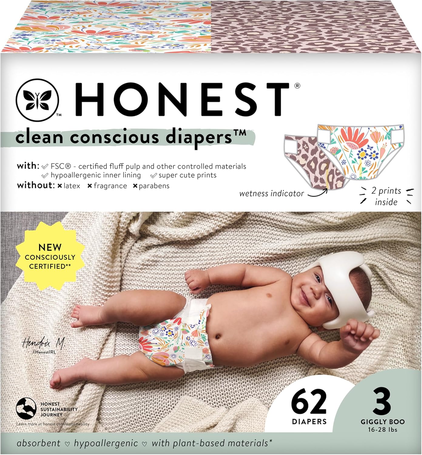 The Honest Company Clean Conscious Diapers | Plant-Based, Sustainable | Wild Thang + Flower Power | Club Box, Size 3 (16-28 Lbs), 62 Count