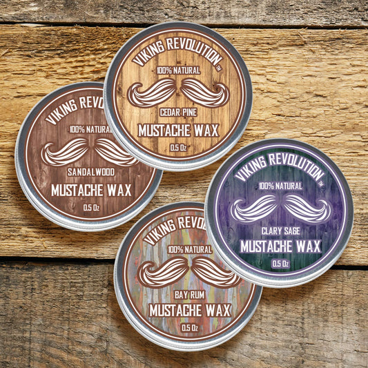 Viking Revolution Mustache Wax 4 Variety Pack - Beard & Moustache Wax For Men - Strong Hold Helps Train Tame & Style- Sandalwood, Clary Sage, Cedar Pine, Bay Rum Styles