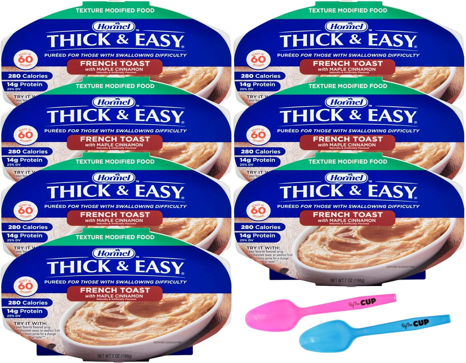 Hormel Thick & Easy Pureed Meals, Maple Cinnamon French Toast, 7 oz (Pack of 7) with By The Cup Mood Spoons