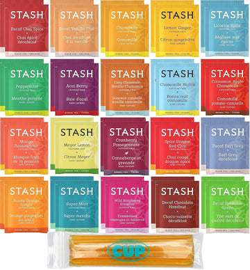 Stash Herbal & Decaf Tea Sampler (40 count) 20 Flavor Assortment with By The Cup Honey Sticks