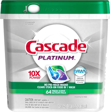 Cascade Platinum ActionPacs Dishwasher Detergent Fresh Scent, 64 Count, 2.99 Pounds