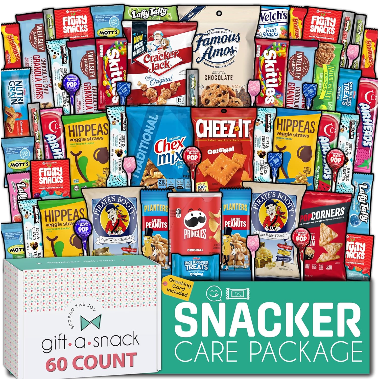 Gift A Snack - Back To School Gifts For Students Snack Box Variety Pack Care Package + Greeting Card (60 Count) Birthday Sweet Treats Gift Basket Candies Chips Crackers Bars Food Assortments Variety