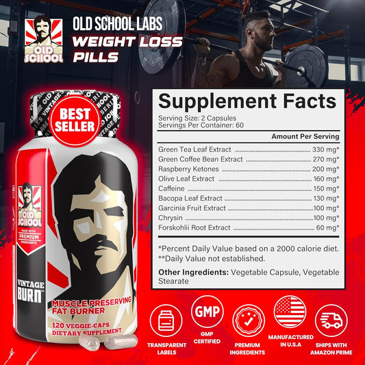 Old School Labs Fat Burner | The First Weight Loss Pills to Preserve Lean Muscle & Burn Stubborn Fat | Appetite Suppressant for Weight Loss Formulated to Keep Muscle & Increase Energy | 120 Diet Pills