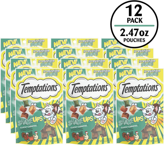 TEMPTATIONS ShakeUps Crunchy and Soft Cat Treats, Clucky Carnival Flavor, (12) 2.47 oz. Pouches