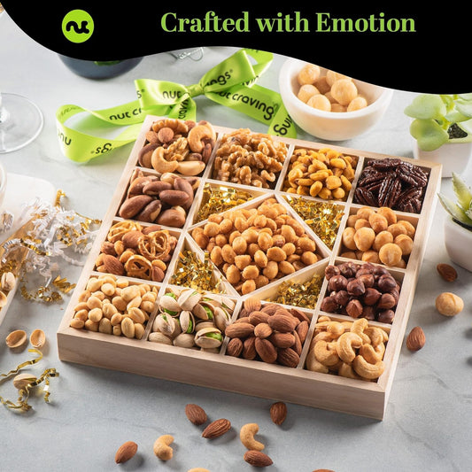 Nut Cravings Gourmet Collection - Mothers Day Mixed Nuts Gift Basket in Reusable Diamond Wooden Tray + Green Ribbon (13 Assortments) Arrangement Platter, Healthy Kosher USA Made