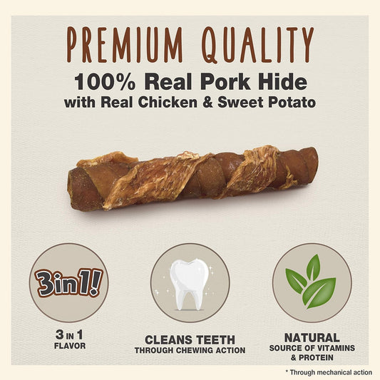 Cadet Gourmet Triple Chews Pork Hide, Sweet Potato, & Chicken Dog Treats - Healthy Dog Treats For Small & Large Dogs - Inspected & Tested In Usa (6 Count)