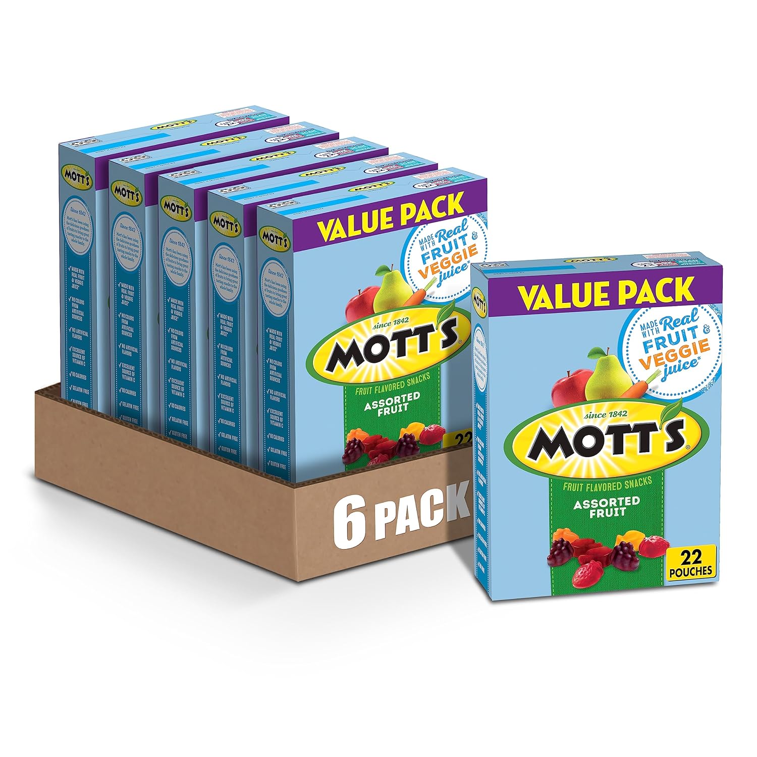 Mott'S Fruit Flavored Snacks, Assorted Fruit, Pouches, 0.8 Oz, 22 Ct (Pack Of 6)