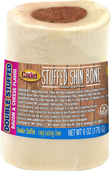 Cadet Double Stuffed Shin Bone - Highly Digestible, High Protein, Long-Lasting Dog Chew Bone For Aggressive Chewers, Supports Dental Health, - Bacon & Cheese Flavor, Small (1 Count)