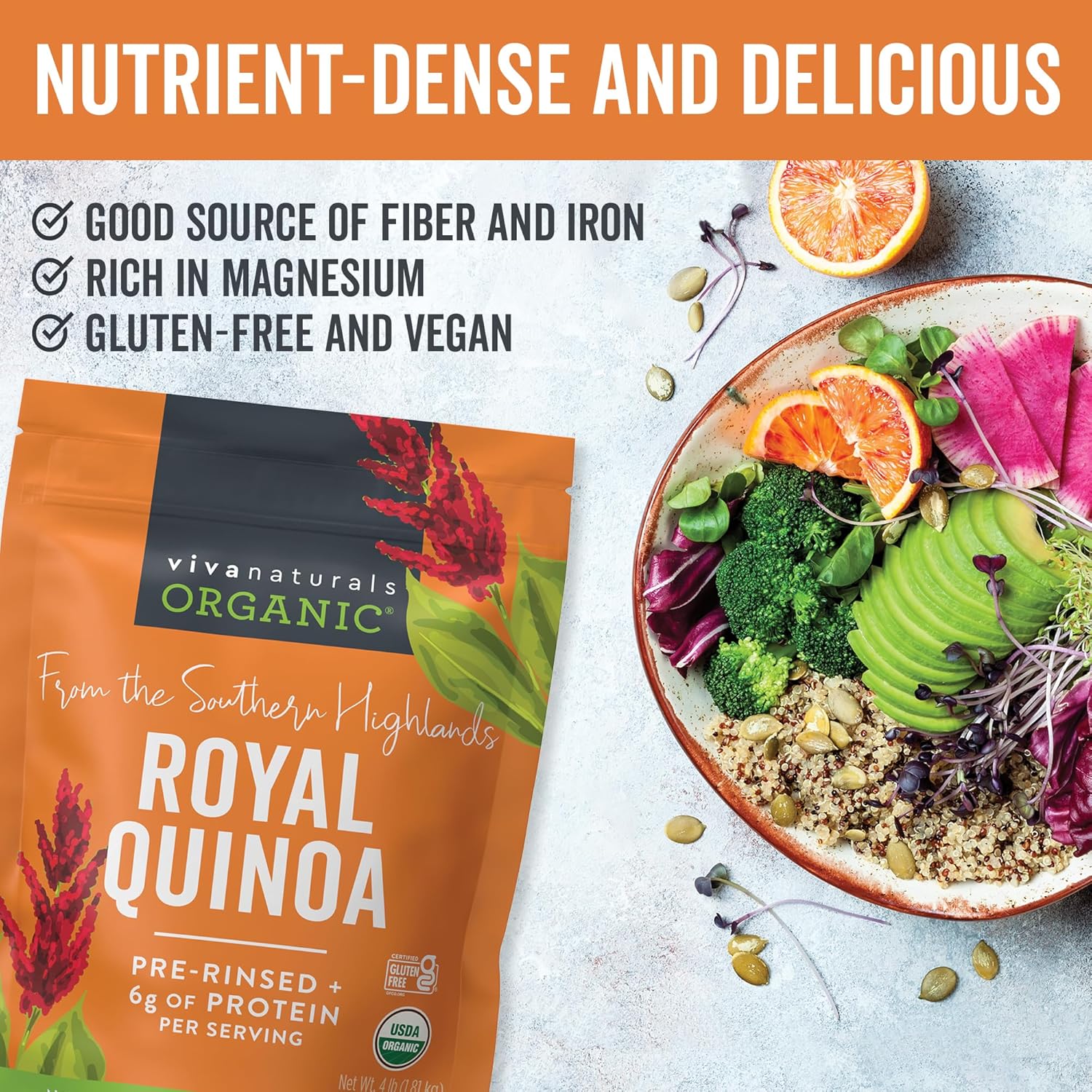 Viva Naturals Organic Quinoa, 4 Lb - Plant Based Protein, Fiber And Iron - Pre-Washed Whole Grain Rice And Pasta Substitute For Quinoa Salad - Usda Organic, Gluten Free, Vegan, Non-Gmo And Kosher