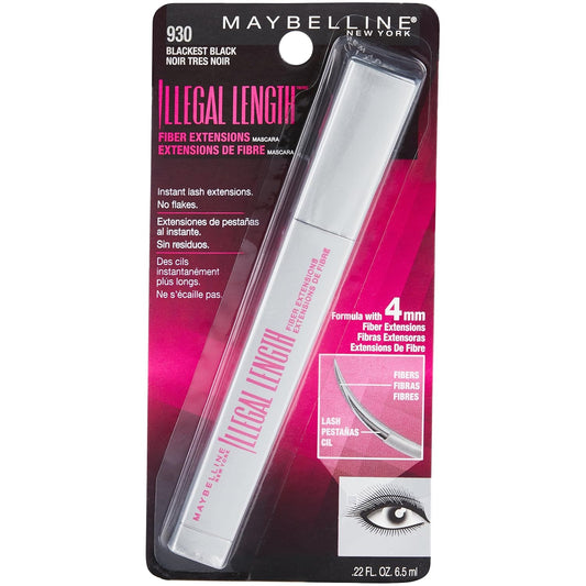 Maybelline Illegal Length Fiber Extensions Washable Mascara, Instant Lashes, No Flaking, Blackest Black, 1 Count