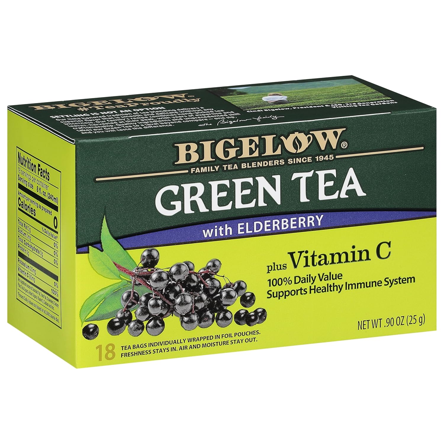 Bigelow Tea Green Tea With Elderberry Plus Vitamin C, Caffeinated Tea With Elderberry, 18 Count Box (Pack Of 6), 108 Total Tea Bags