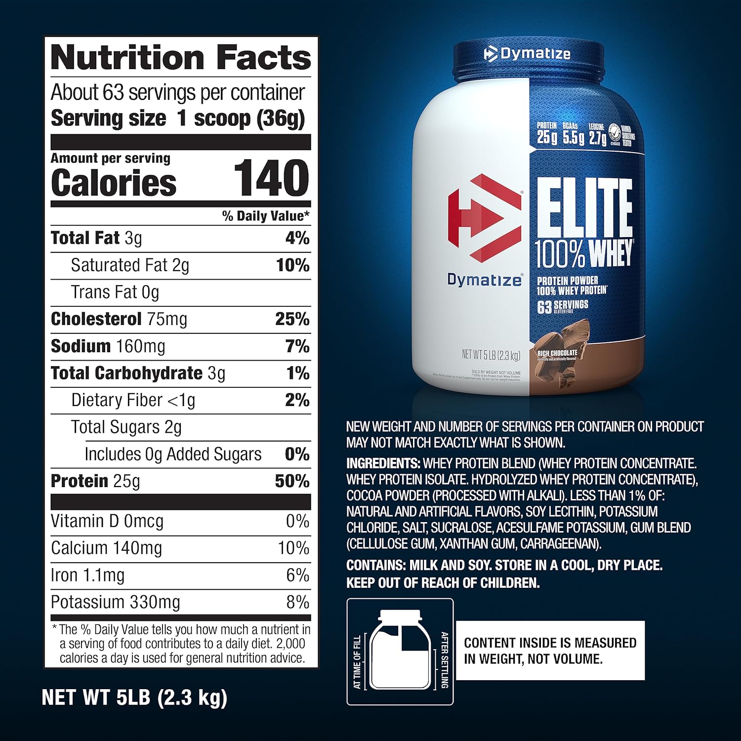 Dymatize Elite 100% Whey Protein Powder, 25g Protein, 5.5g BCAAs & 2.7 L-Leucine, Quick Absorbing & Fast Digesting for Optimal Muscle Recovery, Rich Chocolate, 5 Pound, 63 Servings : Health & Household