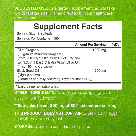 DEAL SUPPLEMENT Oil of Oregano Softgels with Black Seed Oil, 9,000mg Per Serving, 300 Count ? 30:1 Extract, Active Carvacrol & Thymoquinone ? Antioxidant Immune Health Support ? Plant Based, Non-GMO