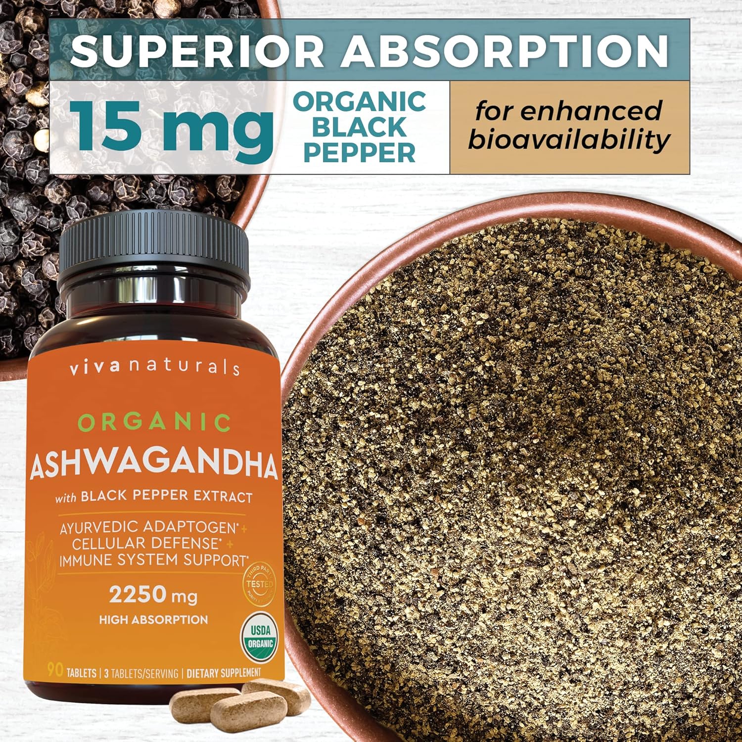 Viva Naturals Organic Ashwagandha Supplement with Black Pepper - Includes 2250 mg Ashwagandha Root Powder & Organic Black Pepper for Superior Absorption (90 Tablets), Antioxidant & Immune Support : Health & Household