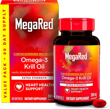 MegaRed Antarctic Krill Oil 500mg Omega 3 Fatty Acid Supplement, Extra Strength EPA & DHA Softgels (90cnt box), Antioxidant Astaxanthin, Heart Health Supplement With No Fish Oil Aftertaste