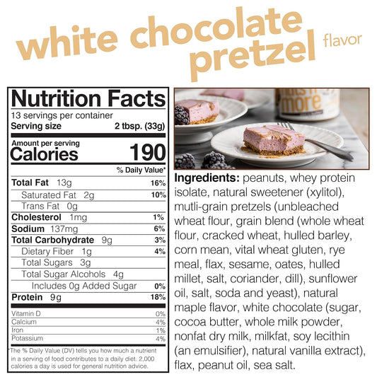Nuts ‘N More White Chocolate Pretzel Peanut Butter Spread - High Protein, Low Carb, Low Sugar, Gluten Free, Non-Gmo, All-Natural Nut Butter Snack (15Oz Jar)
