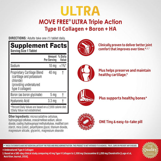 Move Free Ultra Triple Action Joint Support Supplement - Type II Collagen Boron & Hyaluronic Acid - Supports Joint Comfort, Cartiliage & Bones in 1 Tiny Pill Per Day, 30 Tablets (30 servings)