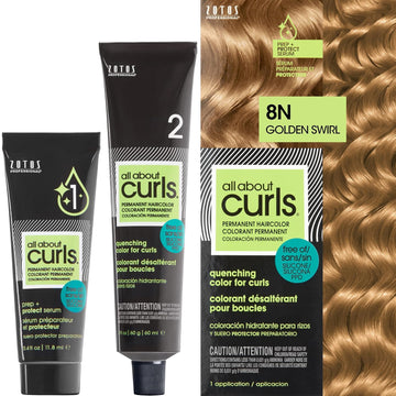 All About Curls 8N Golden Swirl (Blonde With Soft Gold Undertone) Permanent Hair Color (Prep + Protect Serum & Hair Dye For Curly Hair) - 100% Grey Coverage, Nourished & Radiant Curls