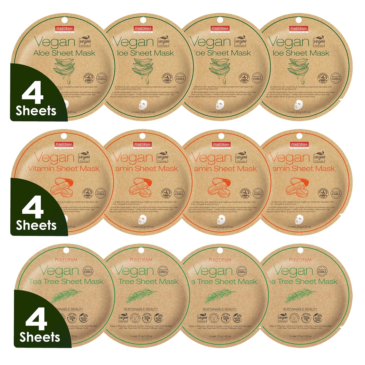 Purederm Vegan Facial Sheet Masks Trio (12 Packs) – Face Masks Skincare For Dry, Dehydrated And Dull Skin