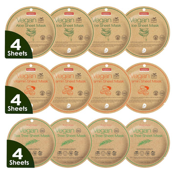 Purederm Vegan Facial Sheet Masks Trio (12 Packs) – Face Masks Skincare For Dry, Dehydrated And Dull Skin