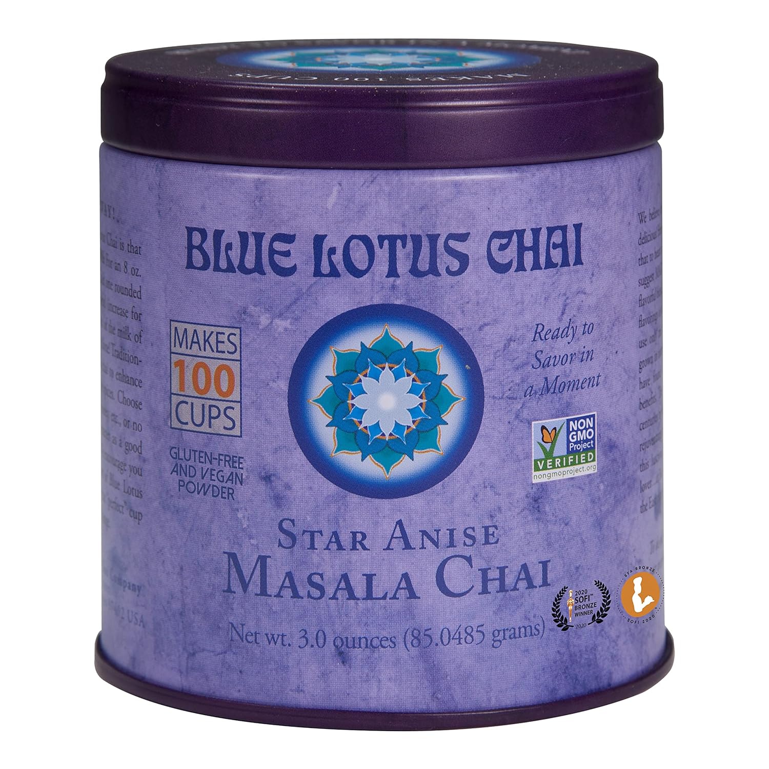 Blue Lotus Chai - Star Anise Masala Chai - Makes 100 Cups - 3 Ounce Masala Spiced Chai Powder With Organic Spices - Instant Indian Tea No Steeping - No Gluten