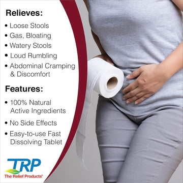 The Relief Products Diarrhea Relief - 100% Natural Active Ingredients - Relieves Loose Stools, Gas, Bloating, Discomfort - Fast Dissolving Tablets - 50Ct