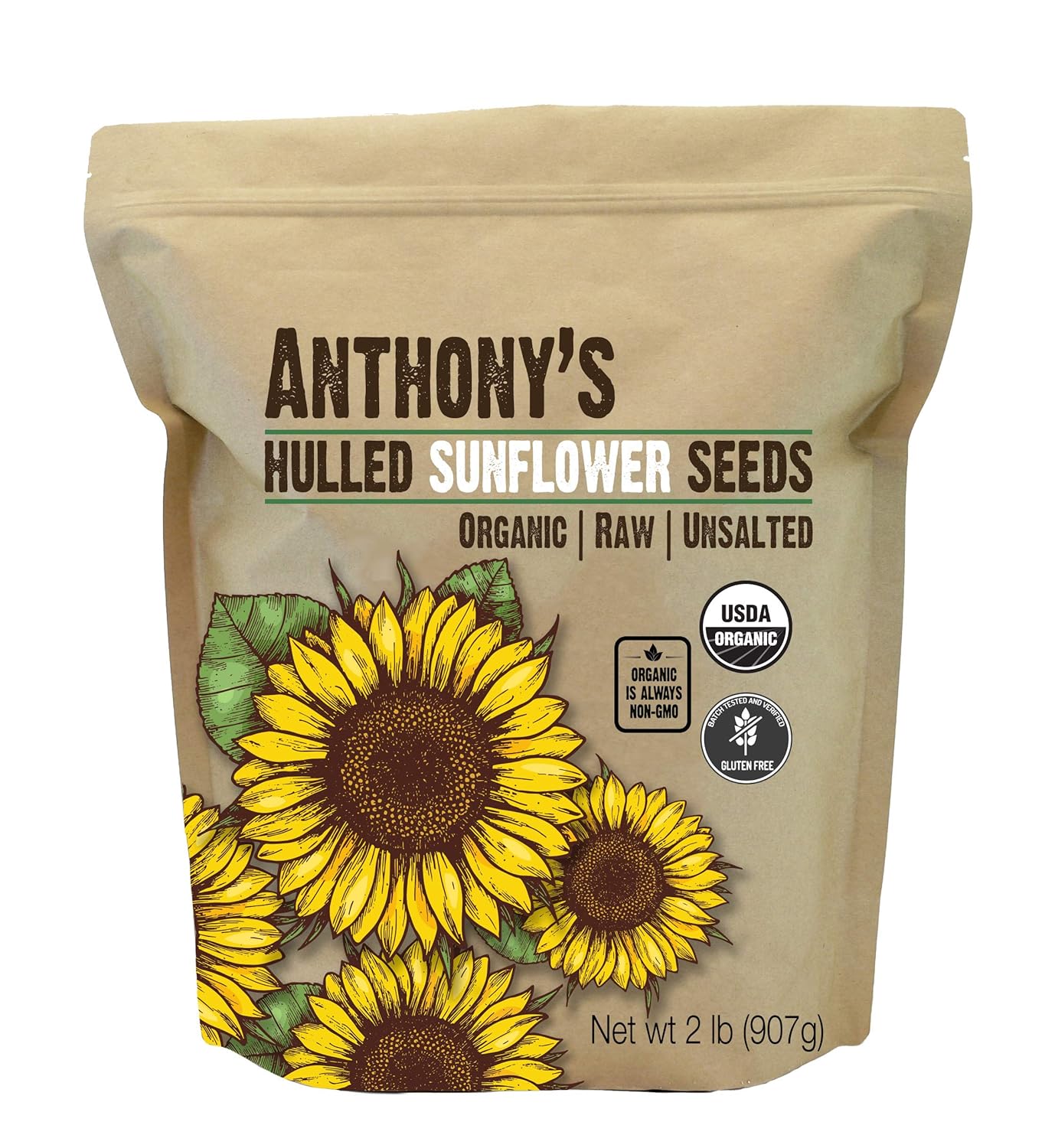 Anthony'S Organic Hulled Sunflower Seeds, 2 Lb, Raw, Unsalted, Batch Tested And Gluten Free, Keto Friendly