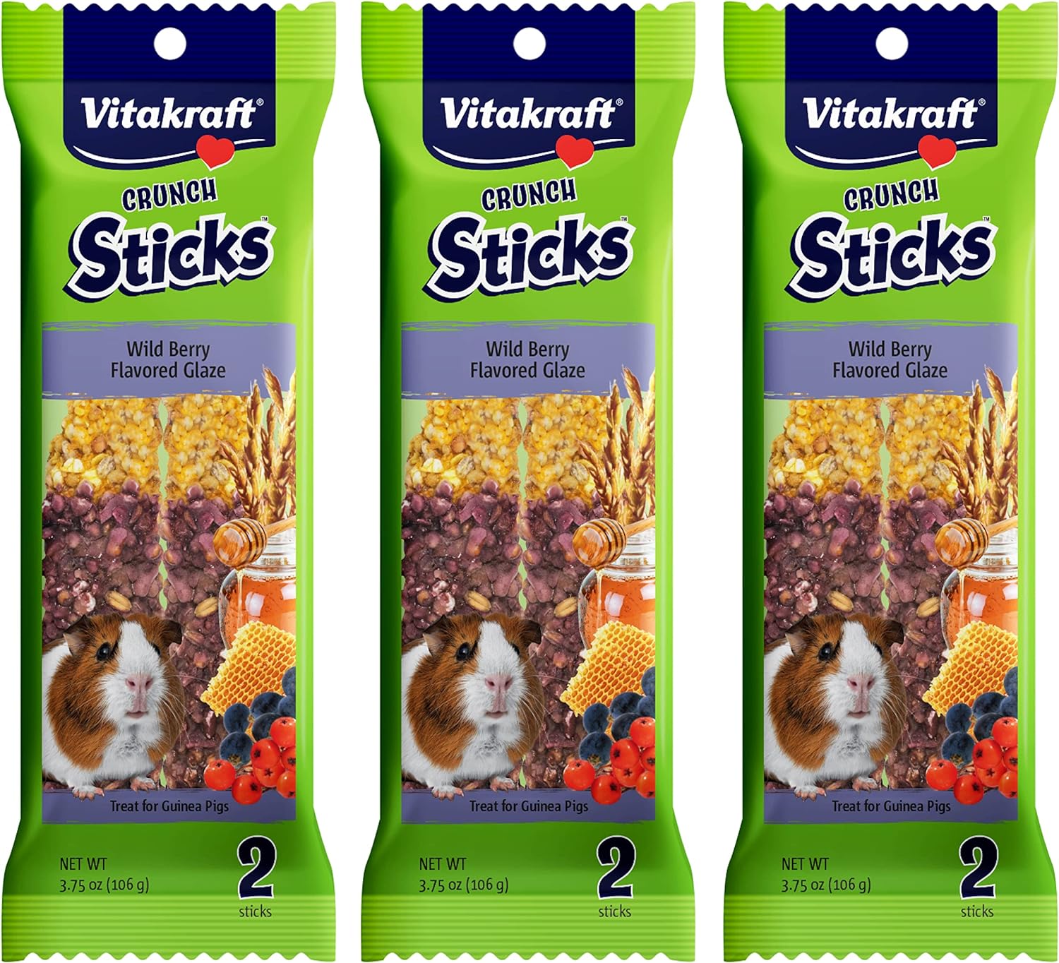 Vitakraft Crunch Sticks Guinea Pig Chewable Treats - Wild Berry And Honey - Supports Healthy Teeth - Multi Pack Of 6 Sticks