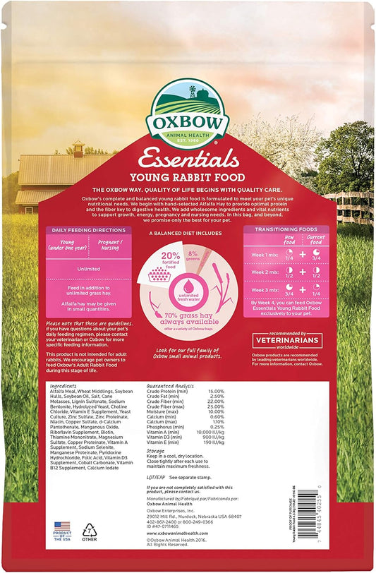 Oxbow Essentials Young Rabbit Food - All Natural Rabbit Pellets- High Energy & Calcium For Young Rabbits- Made In The Usa - All Natural Vitamins & Minerals- Veterinarian Recommended- 10 Lb