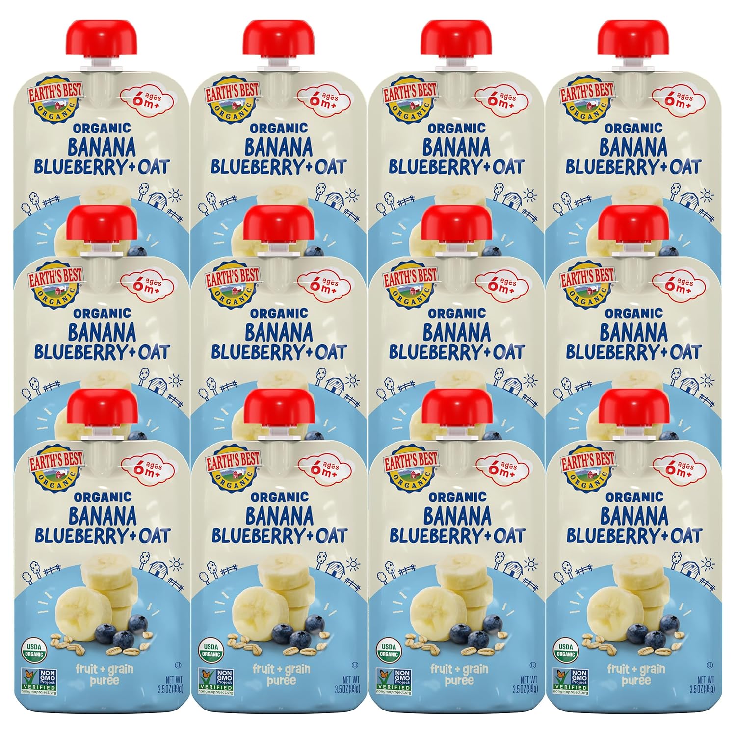 Earth'S Best Organic Baby Food Pouches, Wholesome Breakfast Puree For Babies 6 Months And Older, Organic Banana Blueberry And Oat Puree, 3.5 Oz Resealable Pouch (Pack Of 12) (Packaging May Vary)
