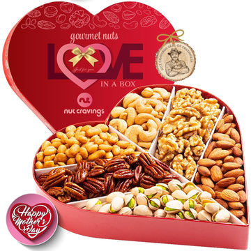 Nut Cravings Gourmet Collection - Mothers Day Mixed Nuts Heart Shaped Gift Basket, Love in A Box (6 Assortments) Romantic Arrangement Platter, Healthy Kosher USA Made