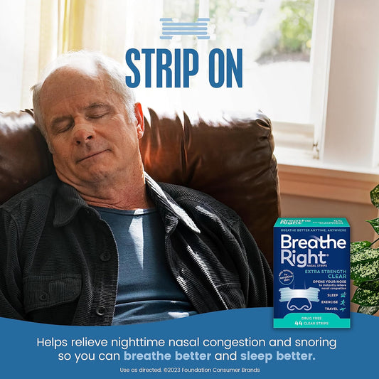 Breathe Right Nasal Strips - Extra Strength, Clear - For Sensitive Skin, Drug-Free Snoring Solution & Nasal Congestion Relief Caused by Colds & Allergies, 44 Count (Packaging May Vary)