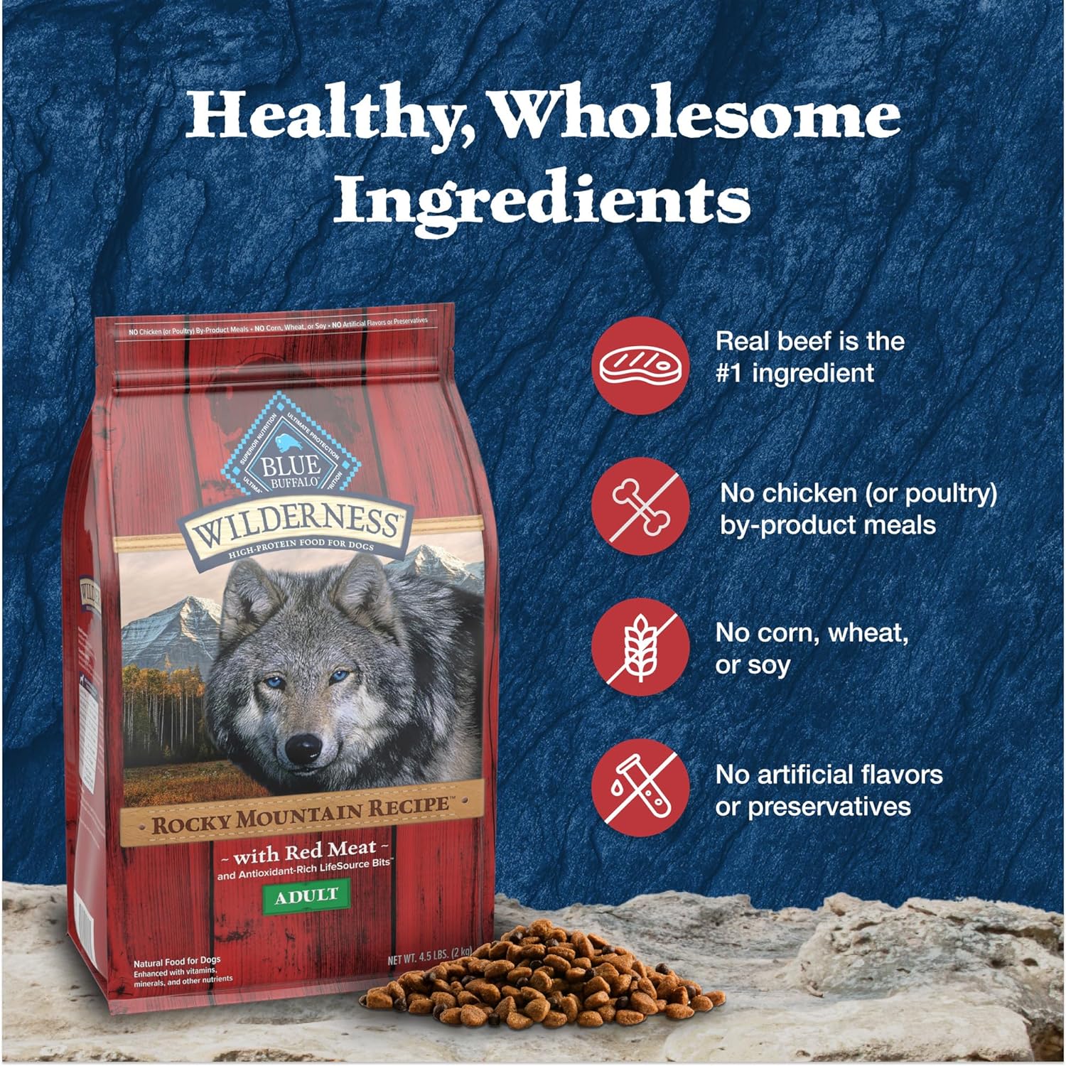 Blue Buffalo Wilderness Rocky Mountain Recipe High-Protein Adult Dry Dog Food, Made in the USA with Natural Ingredients Plus Wholesome Grains, Red Meat, 4.5-lb. Bag : Pet Supplies