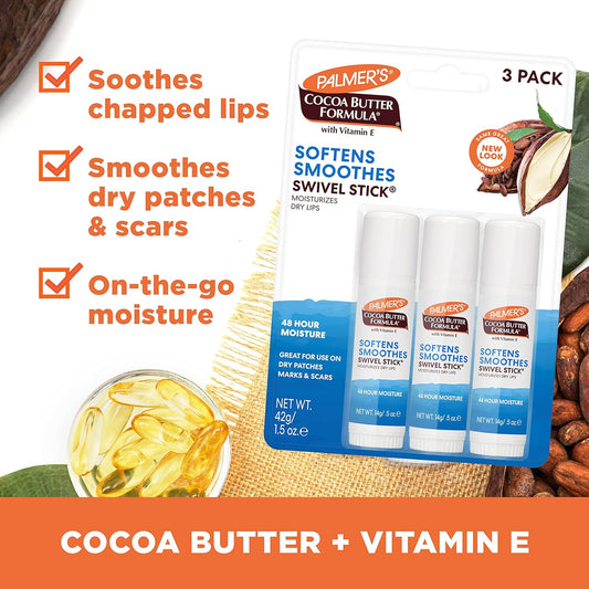 Palmer's Cocoa Butter Formula Moisturizing Swivel Stick with Vitamin E, Lip Balm Easter Basket Stuffer, Face & Body Moisturizer Stick Ideal for Treating Dry Skin Patches (Pack of 3)
