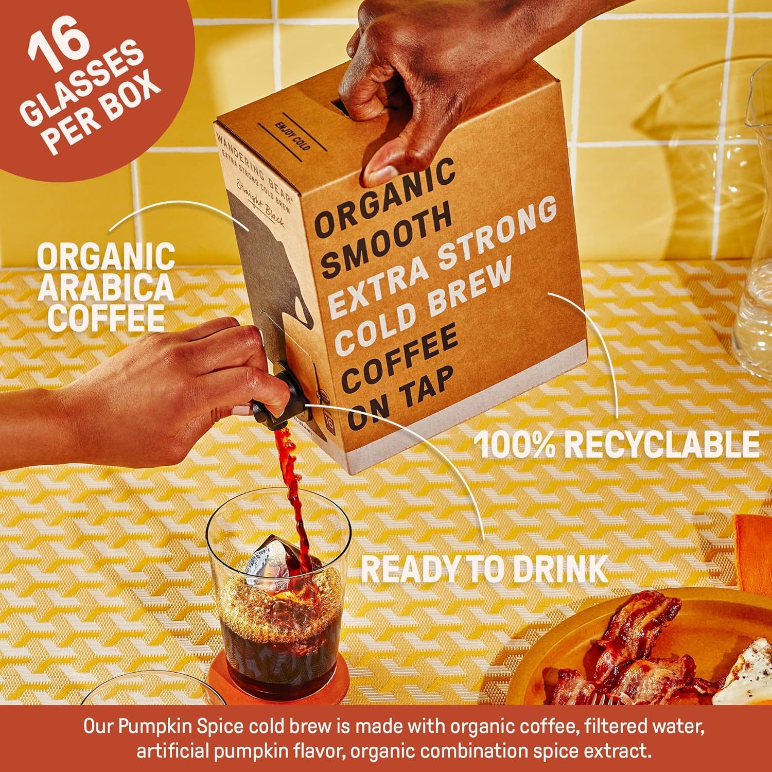 Wandering Bear Pumpkin Spice Cold Brew Coffee On Tap, Iced Coffee, 96 Fl Oz - Extra Strong, Smooth, Unsweetened, Shelf-Stable, Ready To Drink Pumpkin Spice Coffee