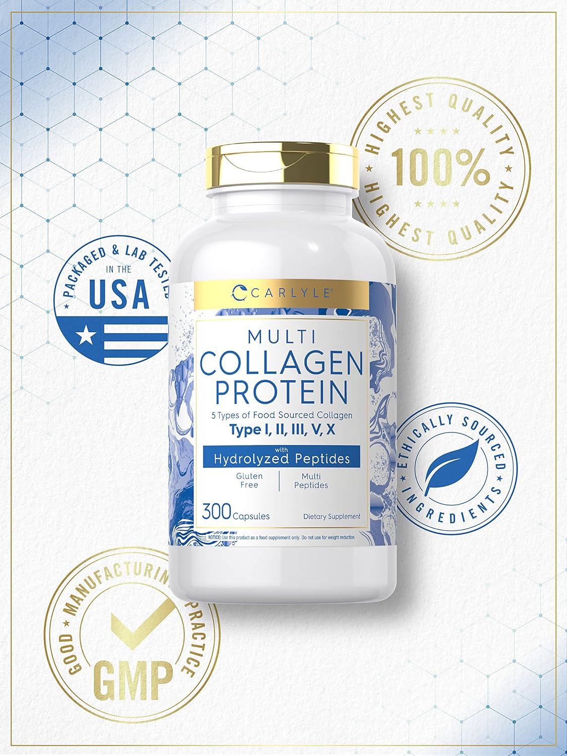 Carlyle Multi Collagen Protein Capsules 2000mg | 300 Count | Type I, II, III, V, X | Collagen Peptide Pills | Keto & Paleo Friendly, Gluten Free Supplement : Health & Household
