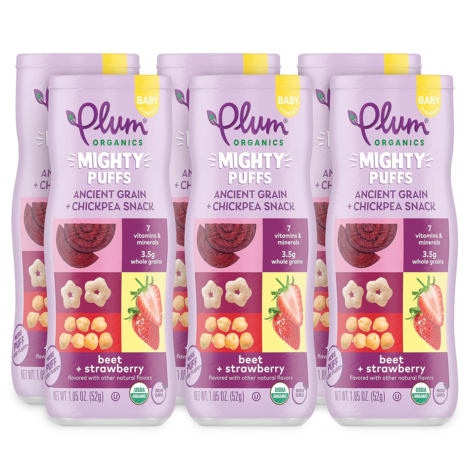 Plum Organics Mighty Puffs Organic Baby Food - Beet And Strawberry - 1.85 Oz Canister (Pack Of 6) - Ancient Grains And Chickpea Snacks