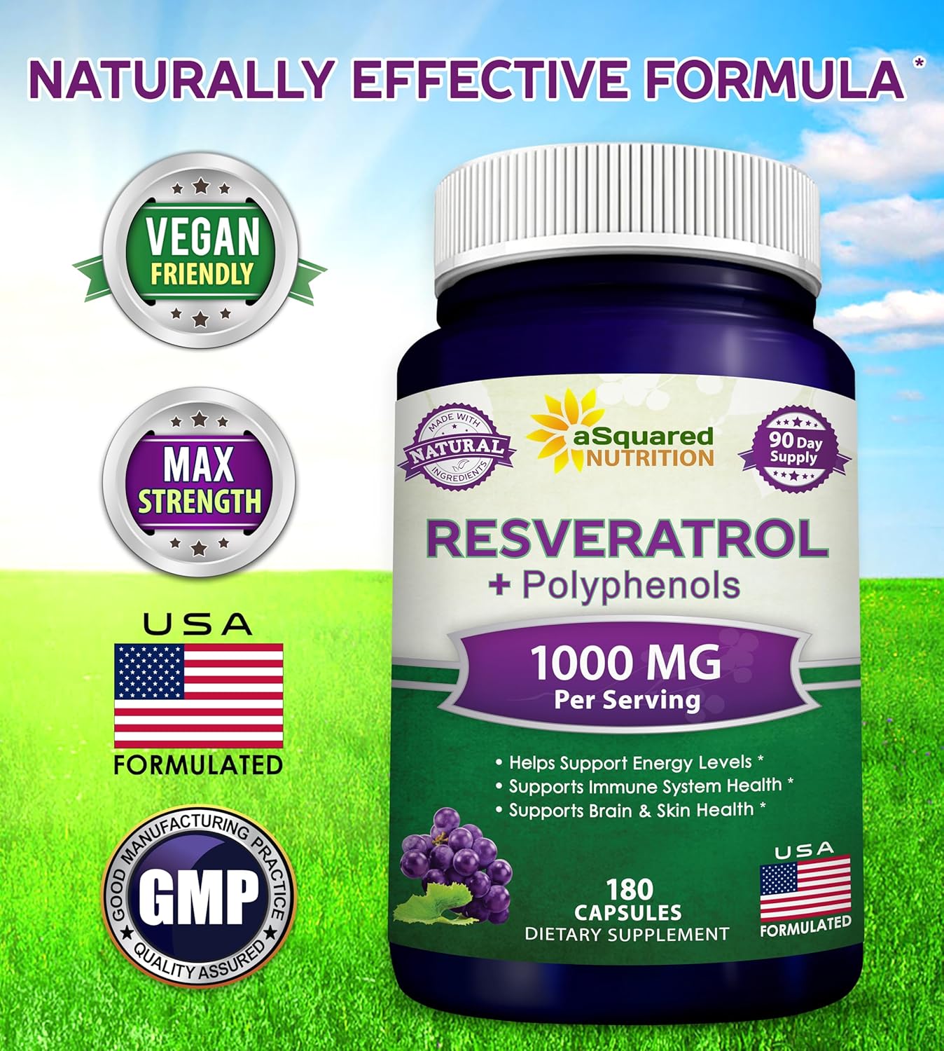 Asquared Nutrition Natural Resveratrol With Red Wine Extract - 180 Capsules - Trans Resveratrol Antioxidant Supplement Pills For Pure Heart Health - Extra Strength Trans-Resveratrol : Health & Household
