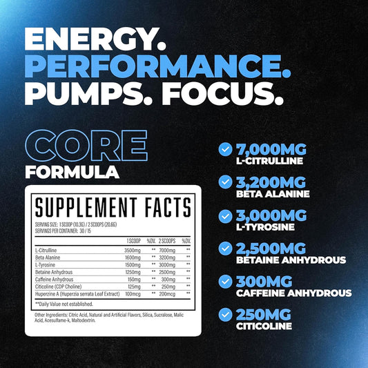 Wrecked Core - All-In-One Pre-Workout Supplement For Men & Women, Increase Energy, Focus & Pumps With L-Citrulline, Beta-Alanine, L-Tyrosine & More (30 Servings) - Green Apple