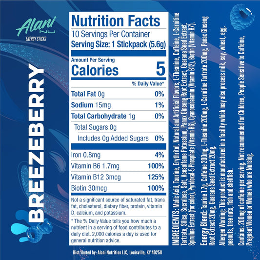 Alani Nu Breezeberry Energy Sticks | Energy Drink Powder | 200Mg Caffeine | Pre Workout Performance With Antioxidants | On-The-Go Drink Mix | Biotin, B Vitamins | Zero Sugar | 5 Calories | 10 Pack