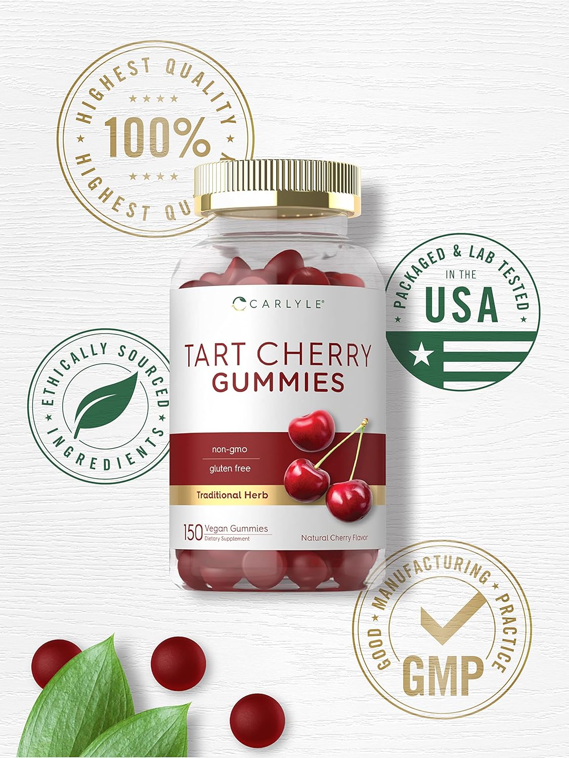 Carlyle Tart Cherry Gummies | 2000mg | 150 Count | Cherry Flavor | Vegan, Non-GMO, and Gluten Free Formula : Health & Household