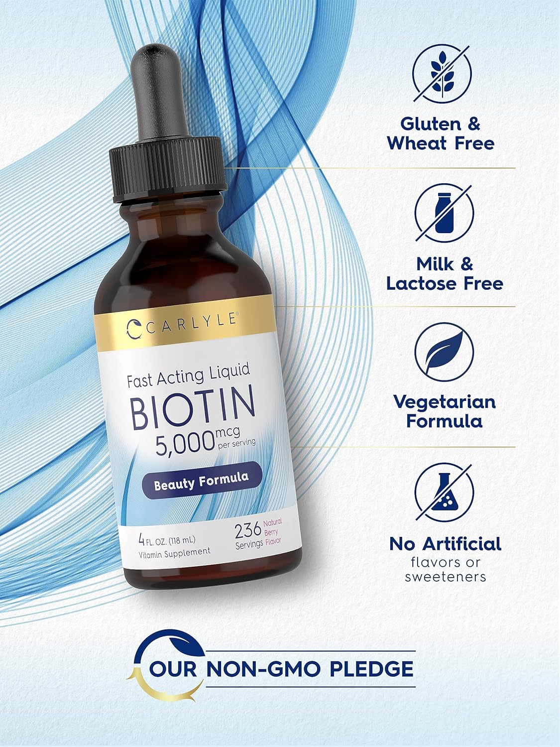 Carlyle Biotin Liquid Drops 5000mcg | 4 fl oz | Berry Flavor | Vegetarian, Non-GMO & Gluten Free Supplement : Health & Household