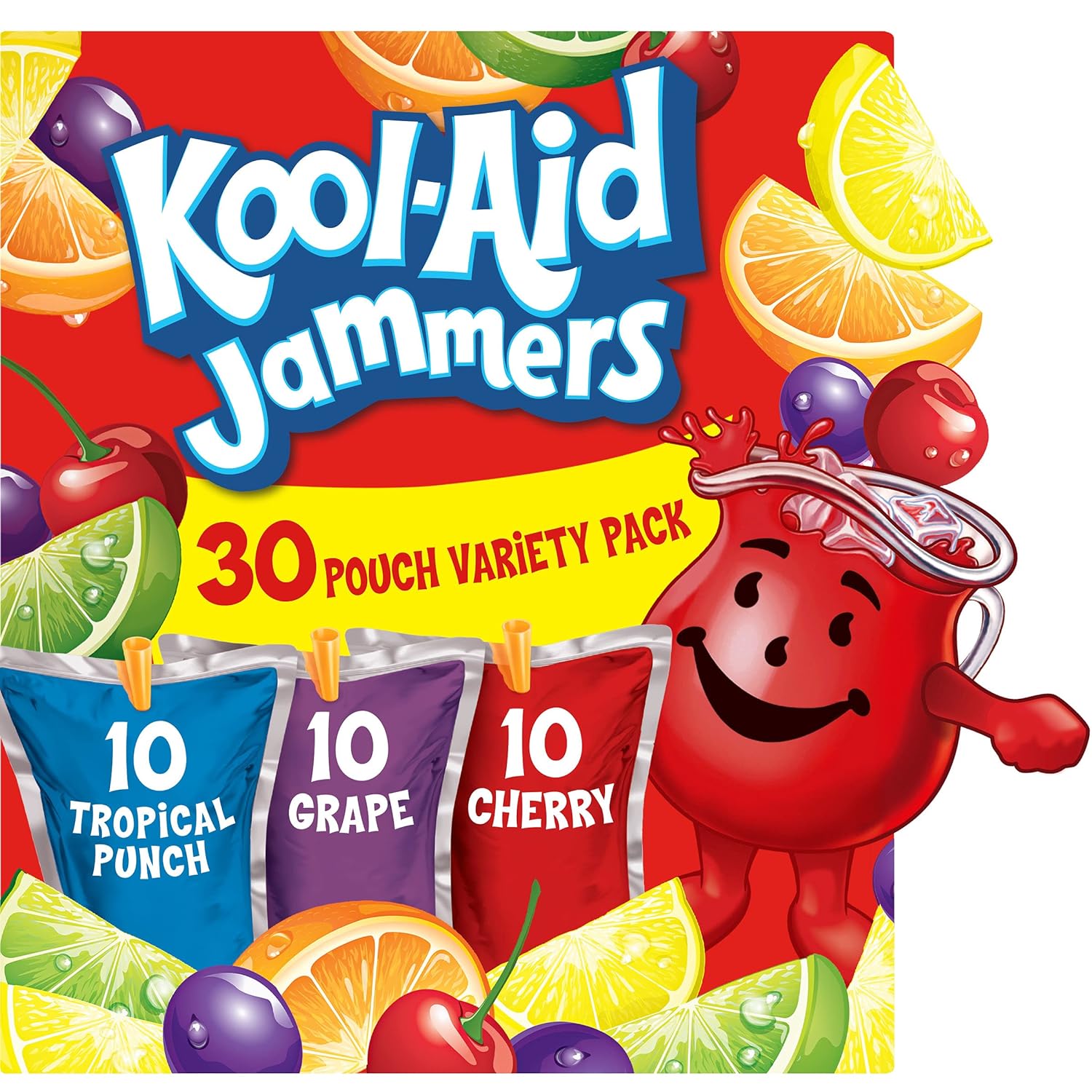 Kool-Aid Jammers Tropical Punch (Grape & Cherry Artificially Flavored Kids Soft Drink Variety Pack, 30 Ct Box, 6 Fl Oz Pouches)