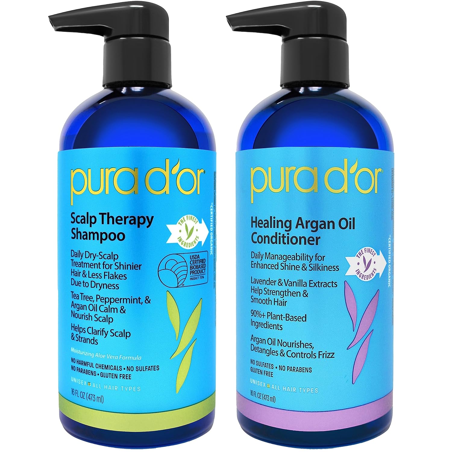 Pura D'Or Scalp Therapy Shampoo & Healing Conditioner Set(16 Fl Oz X 2) For Dry, Itchy Scalp - Hydrates & Nourishes Hair With Tea Tree,Argan Oil & Biotin, All Hair Types, Men Women(Packaging May Vary)